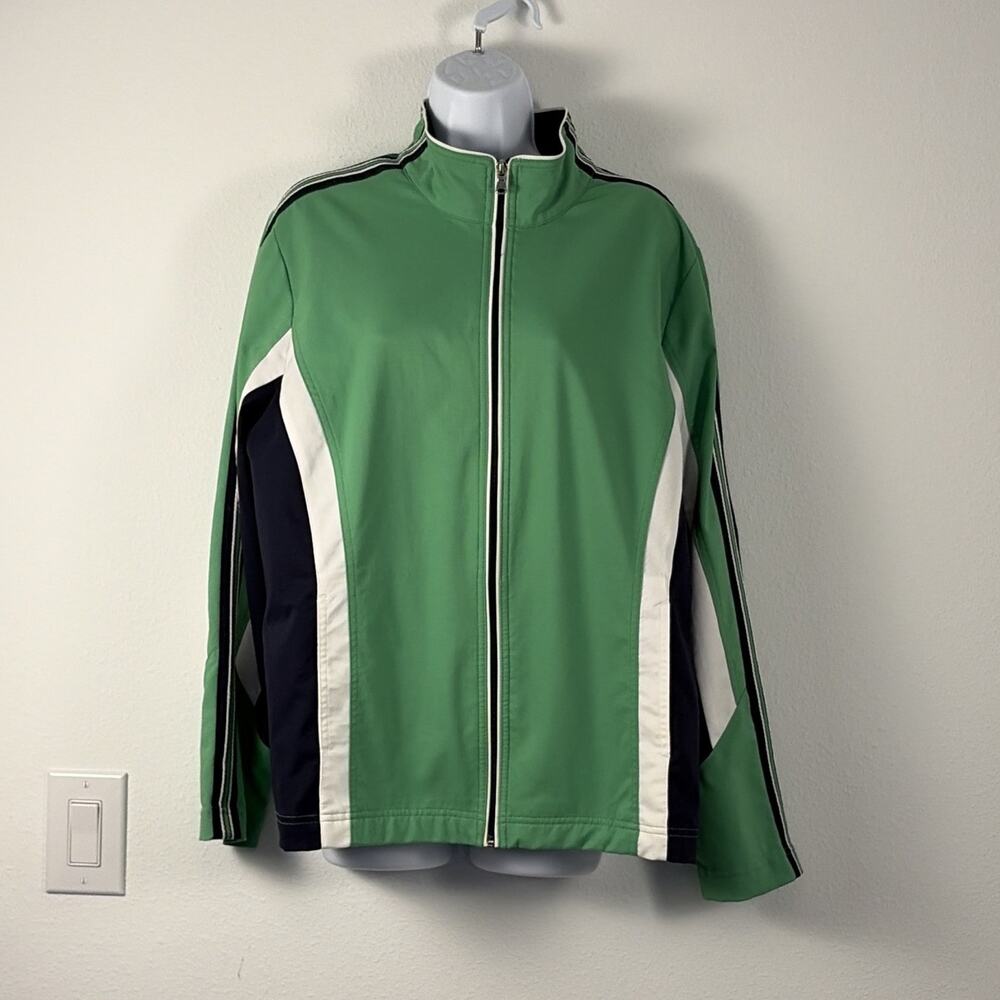 Womens Green Colorblock Full-Zip Track Jacket Stand Collar Striped Sleeves XL